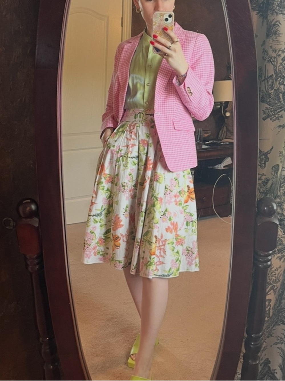 Salvatore Ferragamo White Floral Circle Skirt with Green and Orange Accents